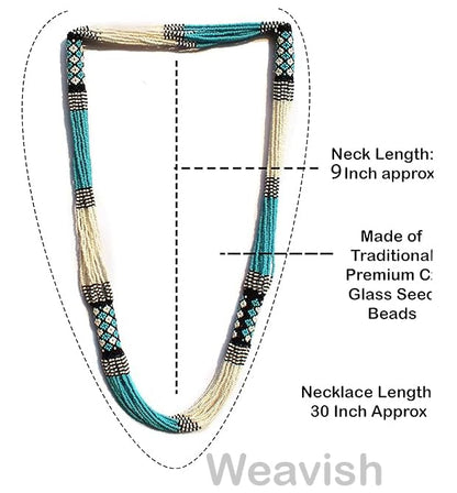 Boho Native Handmade Seed Bead Tassel Necklace, Bohemian Large Statement Beaded Necklace for Women (Turquoise)