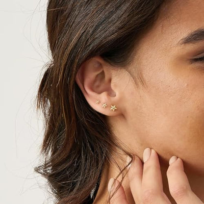 3 Pair Tiny Flat Back Earrings for Women - 14K Gold/White Gold Plated Dainty Cute Small Screw Flatback Stud Earring, Everyday Wear Gift - color: Star Flat-4/5/6mm Gold