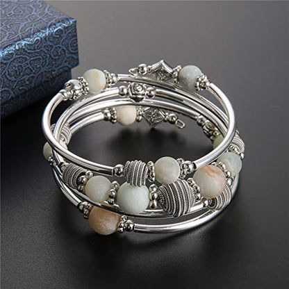 PEARL&CLUB Beaded Chakra Bangle Turquoise Bracelet - Fashion Jewelry Wrap Bracelet with Thick Silver Metal and Mala Beads, Birthday Gifts For Women - color: Green