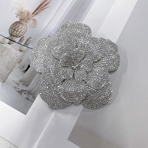 Rhinestone Flower Brooch Pin for Women Men Elegant Sparkly Crystal Camellia Floral Lapel Pins Shawl Dress Suit Clothes Accessories Wedding Party Fashion Jewelry 105mm - color: White