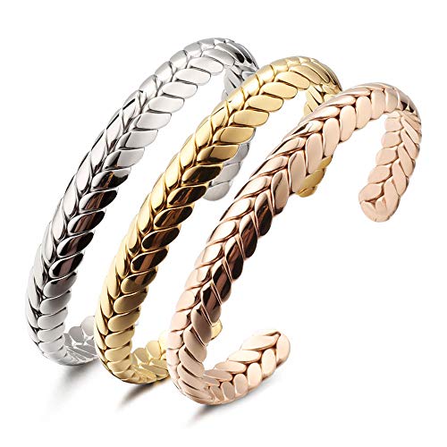 Dorriss Stainless Steel Cuff Bracelet, Wide Open Adjustable Wheat Bracelets, Weave Style Bangle Wrap Jewelry for Women