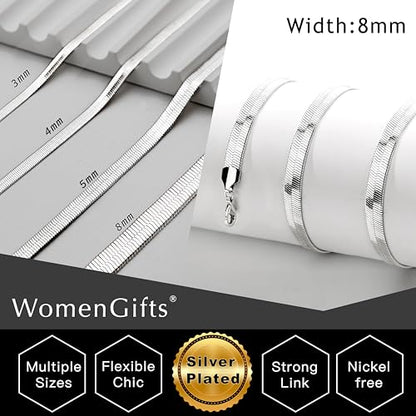 WomenGifts 14K Gold Silver Plated Herringbone Necklace for Women, Dainty Snake Chain Choker, Trendy Simple Long Layered Jewelry Non Tarnish, 3/4/5/8mm,14,16,18,20,22,24,26 Inch Thin & Chunky Options - color: Silver, style: 8mm-16inch