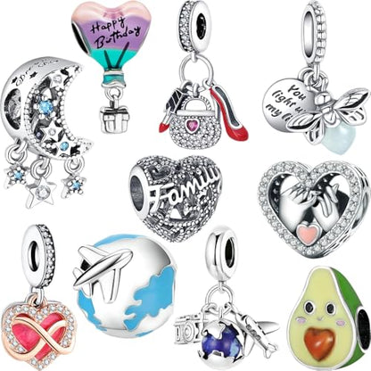 10 Pack Silver Bead Charms Compatible with Charms Bracelet Necklace, Silver Charms for Bracelets for Women, the Pendant Dangle Beads with Cubic Zirconias Are the Perfect Jewelry Gift for Women, Ideal for Christmas, Birthdays, Mother's Day, and Valentine's