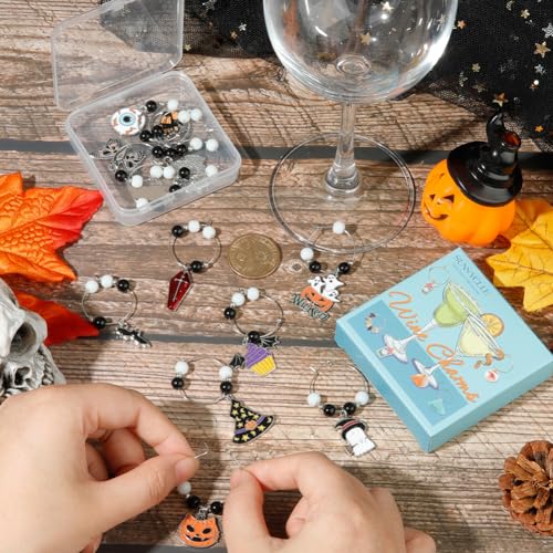 SUNNYCLUE 12Pcs Halloween Wine Glass Markers - Silver Drink Identifiers for Gathering, Holiday Gifts & Party Favors - style: 12 Sets Silver Tone Halloween Drink Identifiers & Upgraded Gift Box
