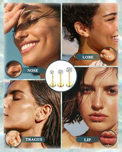 18G Horseshoe Nose Rings for Women Internally Threaded Flat Back Earrings | Labret Stud Hypoallergenic Surgical Steel Double Gem Nose Rings with CZ Helix Tragus Septum Lip Nostril Piercing Jewelry Set - color: 14K Gold Plated