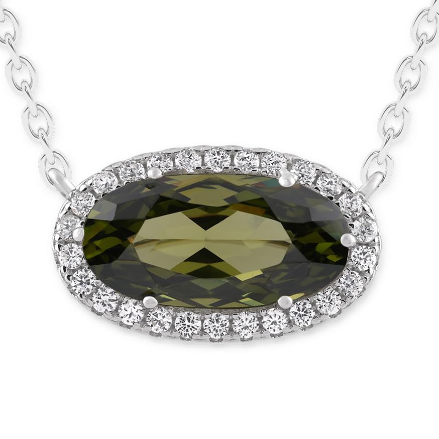 Belacqua Gemstone Necklace in Sterling Silver,Halo Pendant with Accent, Oval Cut 6 * 12mm, 15" Cable Chain with 2" Extender, Spring Ring Clasp, Dainty Birthstone Necklace for Women, Gift Box Included - color: 08-August-Peridot Green