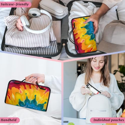 Bohemian Tie Dye Hanging Roll Up Cosmetic Bag with 4 Removable Storage Bags Waterproof Foldable Toiletry Kit for Women - color: Multicolor 12