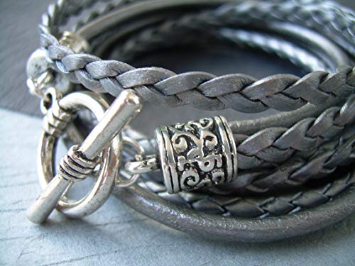 Womens Bracelet, Womens Leather Bracelet, Leather Bracelet, Wrap Bracelet, Leather Bracelet, Women's Metallic Gray Triple Wrap Leather Bracelet