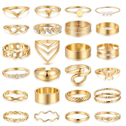 iF YOU 25 Pcs Gold Stackable Ring Set for Women, Chunky Knuckle Finger Midi Rings, Silver Simple Stacking Cute Rings Pack Trendy Stuff Jewelry Gift - style: 25 Gold chunky-size 4-8.5