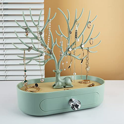MORE&LESS Antlers Jewelry Display Stand with Drawer and Crystal Handle, Tree Tower Rack Hanging Organizer for Ring Earrings Necklace Bracelet - color: C Matcha Green-Drawer-Crystal Handle