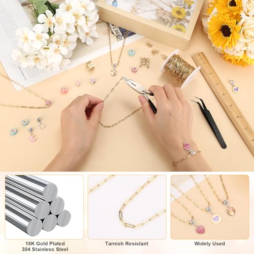 43ft Gold Chain for Jewelry Making 18k Gold Plated Stainless Steel Paperclip Chain Roll with 10Pcs Lobster Clasps and 30Pcs Jump Rings for Charm Bracelet Necklace Jewelry DIY Craft Accessories