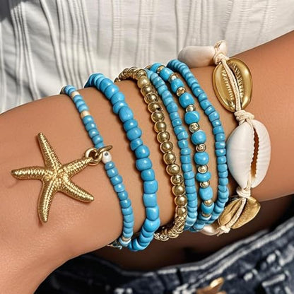 Bohemian Starfish Bracelets for Women - Adjustable Stackable Beach Bracelets, Handmade Stretchy Beaded Summer Jewelry, Perfect for Surf & Waterproof Fun - color: Blue