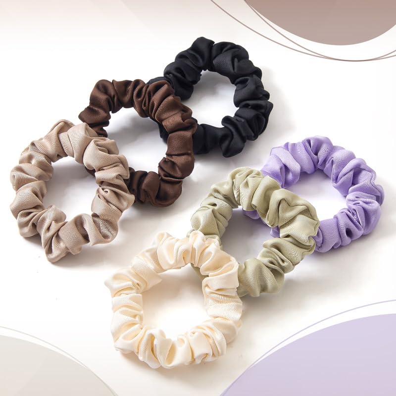 Satin Scrunchies for Women & Girls, Silk-Touch Hair Ties and Gentle Ponytail Holders, Soft No-Damage, No-Crease Hair Accessories in Morandi Earth Tones, 6-Pack