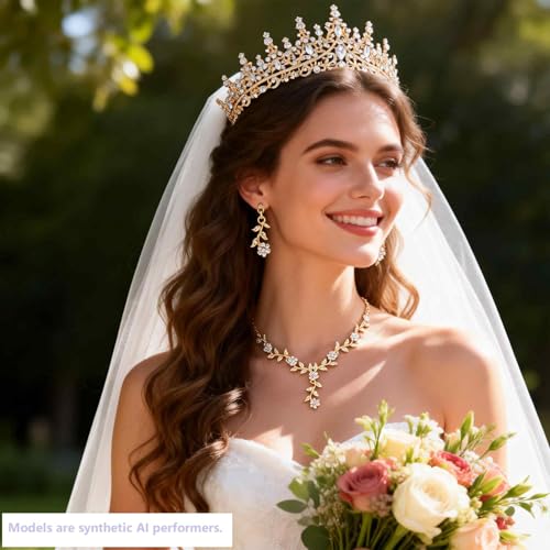 Kamirola Tiaras and Crowns for Women,Tiaras Earrings Necklace, Crystal Bridal Jewelry Set (TR48) - color: Gold White