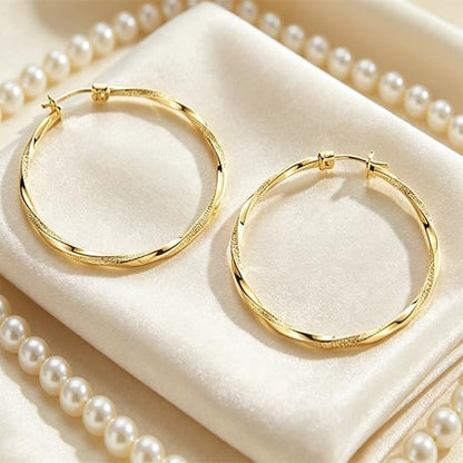 14K Gold Twisted Hoop Earrings, Lightweight Fashion For Women | Hypoallergenic And Skin-friendly, Long-lasting Shine, A Blend Of Individuality And Style, Suitable For Everyday Wear - size: 45mm
