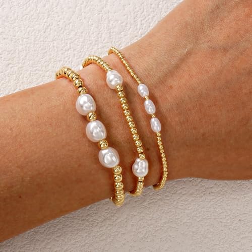 Gold Beaded Bracelet Stack for Women Colorful Small Seed Beads Bracelets Set Boho 14K Gold Plated Ball Stackable Stretch Non-Tarnish Dainty Jewelry Trendy Accessory Friendship Gift - color: Pearl