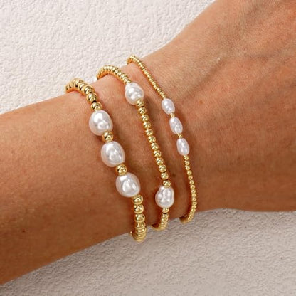 Gold Beaded Bracelet Stack for Women Colorful Small Seed Beads Bracelets Set Boho 14K Gold Plated Ball Stackable Stretch Non-Tarnish Dainty Jewelry Trendy Accessory Friendship Gift - color: Pearl