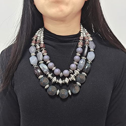 Bocar 3 Layer Chunky Statement Beaded Necklace and Earrings Set, Fashion Multi Layer Women Collar Necklace Jewelry Set - color: Lavender Gray