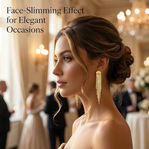 Gold Fringe Earrings for Women - Lightweight Statement Dangle Earrings with Stainless Steel Post, High Polish Long Tassel Drop Jewelry for Prom Wedding - color: Gold-streamlined