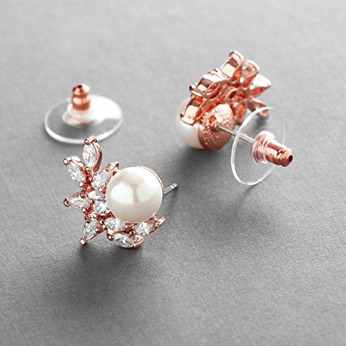 Mariell Pearl & Marquise CZ Crystal Wedding Earrings for Bride, Bridesmaids & Mother of the Bride - color: Rose Gold