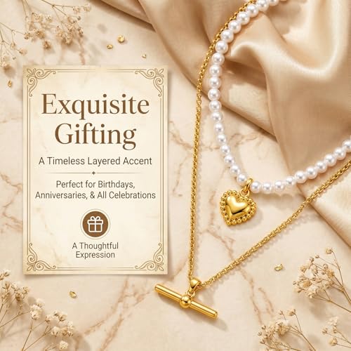 Layered Necklaces for Women Pearl Necklace Stack Gold T Bar Necklace Set Dainty Heart Pendant Jewelry Trendy 2026 Fashion Accessories Gifts - color: A1:2pcs-gold