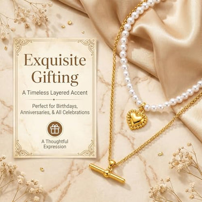 Layered Necklaces for Women Pearl Necklace Stack Gold T Bar Necklace Set Dainty Heart Pendant Jewelry Trendy 2026 Fashion Accessories Gifts - color: A1:2pcs-gold