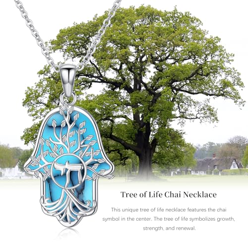Hamsa Necklace 925 Sterling Silver Evil Eye/Lotus Flower/Star of David/Chai/Yin Yang Hamsa Hand Pendant Jewelry Hand of Fatima Gifts for Women - style: Chai-Turquoise