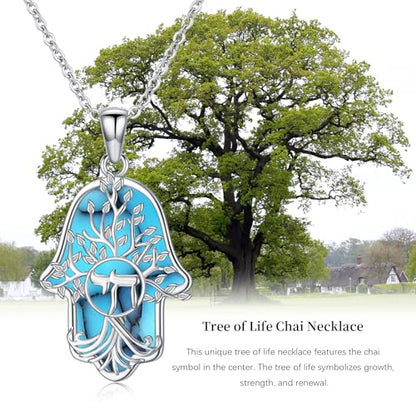 Hamsa Necklace 925 Sterling Silver Evil Eye/Lotus Flower/Star of David/Chai/Yin Yang Hamsa Hand Pendant Jewelry Hand of Fatima Gifts for Women - style: Chai-Turquoise