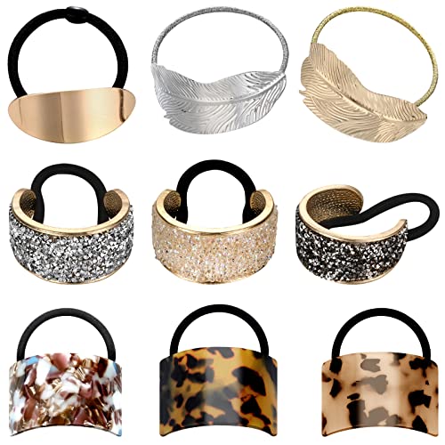 9 Pack Ponytail Hair Cuff Metal Rhinestone Decorative Fancy Ponytail Holder for Women Gold Elastic Glitter Hair Tie Wrap Cuff Tortoise Shell Ring Holder Mother's Day Gift(Charming Style) - color: Charming Style