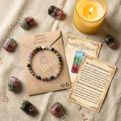 Bivei Crystal Stretch 6mm Bracelets for Women | Handmade Natural Stone Beaded Stretch Bracelet, Stainless Steel Heart Bead, Tranquility Yoga Gift Jewelry for Women - color: Rainbow Tourmaline - Balancing