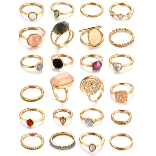 iF YOU 25 Pcs Gold Stackable Ring Set for Women, Chunky Knuckle Finger Midi Rings, Silver Simple Stacking Cute Rings Pack Trendy Stuff Jewelry Gift - style: 24 Small gem rings-size 1.2-7.4