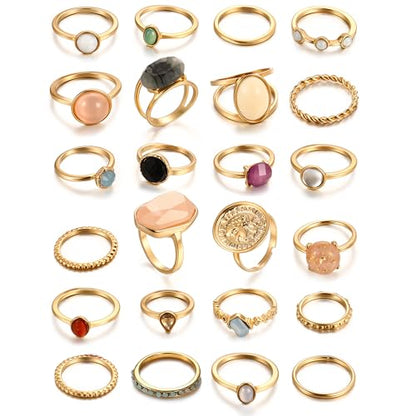 iF YOU 25 Pcs Gold Stackable Ring Set for Women, Chunky Knuckle Finger Midi Rings, Silver Simple Stacking Cute Rings Pack Trendy Stuff Jewelry Gift - style: 24 Small gem rings-size 1.2-7.4