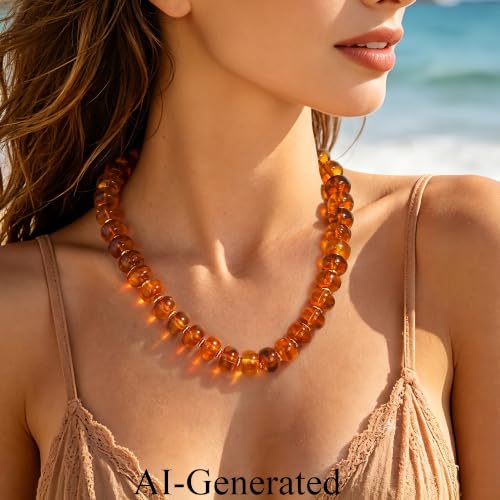 Beaded Necklaces for Women - Colorful Acrylic Beaded Chunky Necklace | Adjustable Statement Necklace, Puffy Heart Pendant, Boho Choker Necklace, Waterproof Summer Beach Jewelry, Gifts for Vacation - color: Amber