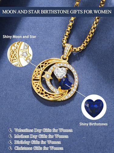 14K Gold Moon and Star Double Birthstone Necklace Gifts for Women | 2 Heart Birthstone Necklace,Mothers Day Wedding Anniversary Birthday Gifts for Wife Mom Daughter Grandma Sister - color: 04-09-Apr-Sept Birthstone