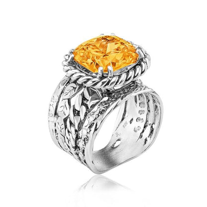 JEAN RACHEL JEWELRY 925 Sterling Silver Braid Leaf Cushion Ring | Ornate statement ring beautifully adorned with sculpted leaf motifs, twisted rope braids, and a CZ center stone. - color: Citrine CZ