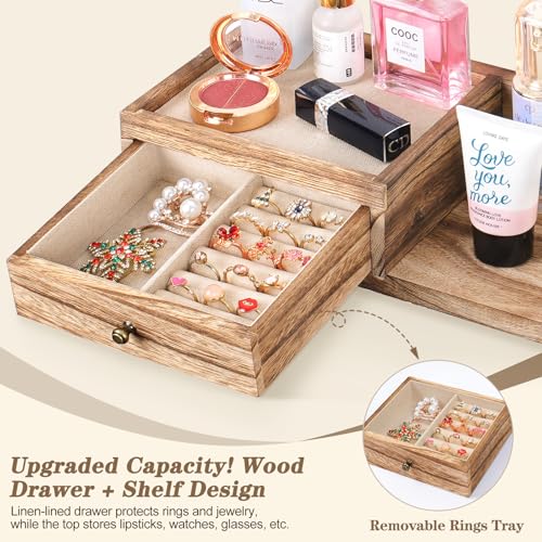 VINAEMO Jewelry Organizer Hanging Wall Mounted Jewelry Holder with Rustic Wood Drawer & Large Capacity Storage Shelf Rack Display for Earrings Rings Necklaces Bracelet - color: Carbonized Black