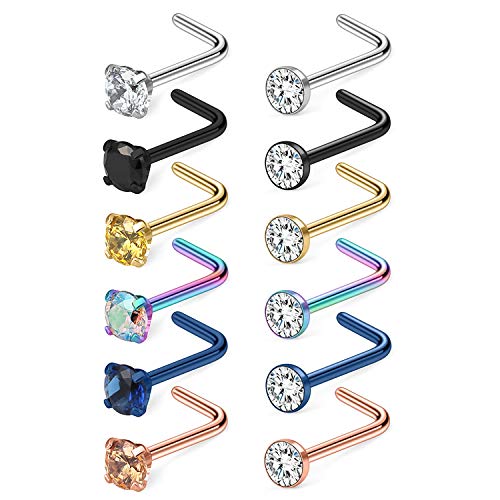 Cisyozi 18G 20G 22G Nose Rings and Studs - 316L Surgical Steel Hypoallergenic Piercing Jewelry for Women Men - L Shaped Straight Nostril Screw - Diamond CZ 1.5mm 2mm 2.5mm 3mm 12Pcs - style: L Shaped-20G-CZ 2.5mm