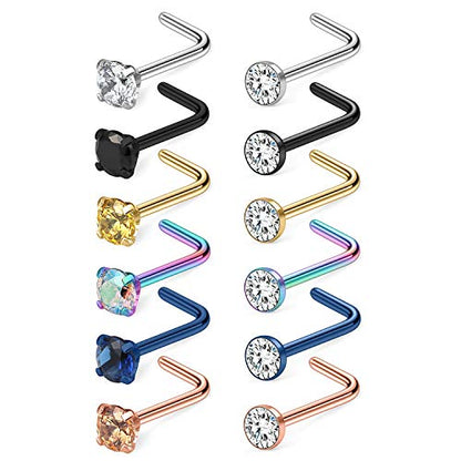 Cisyozi 18G 20G 22G Nose Rings and Studs - 316L Surgical Steel Hypoallergenic Piercing Jewelry for Women Men - L Shaped Straight Nostril Screw - Diamond CZ 1.5mm 2mm 2.5mm 3mm 12Pcs - style: L Shaped-20G-CZ 2.5mm