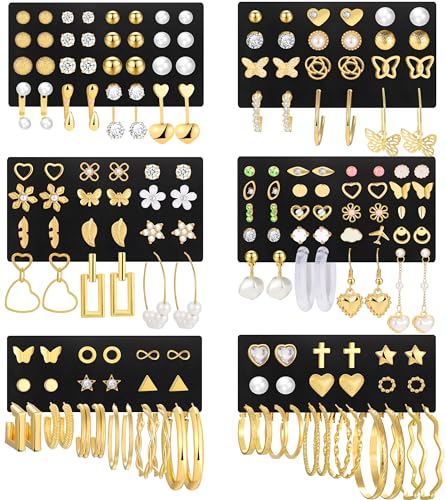 84 Pairs Gold Stud Earrings Set for Women Multipack, Fashion Pearl Cubic Zirconia Butterfly Earrings Packs Piercings, Hypoallergenic Stud Hoops Earrings for Gift - color: Style01-gold