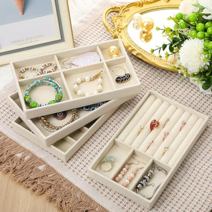 Inbagi 8 Pcs Small Velvet Jewelry Trays Stackable Drawers Organizer Inserts Divided Display Trays for Earring Ring Necklace, Beige