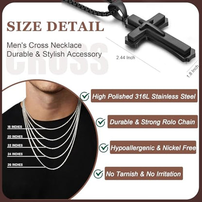 Men's Cross Necklace 316L Stainless Steel Large Heavy Cross Pendant for Men Polished Jewelry Rolo Chain with 22'' 24'' 26'' - color: C-black, size: 26 inch