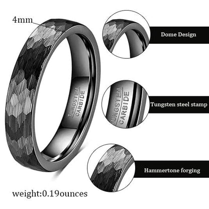 4-6mm Hammered Tungsten Wedding Band Matte for Men and Women | Matte Brushed Finish, Scratch and Fade Resistant, Engraved Faceted Pattern, Dome Profile, 4mm/6mm/8mm, Sizes 6–12 - color: 4mm Hammered Black