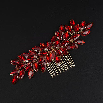 Teyglen Dainty Simple Full Red Rhinestones Bride Wedding Hair Comb Luxurious Hair Accessories Shiny Rhinestones Bridal Side Hair Combs for Women Bride Girls (Red) - color: Red