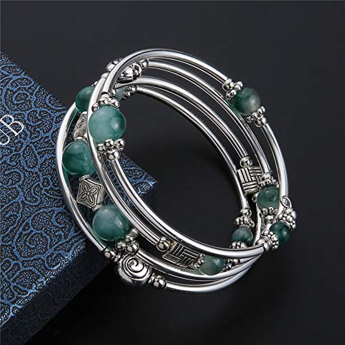 Beaded Pearl Bangle Wrap Bracelet - Fashion Bohemian Jewelry Multilayer Charm Bracelet with Thick Silver Metal Beads, Gift For Women - color: Jade Green