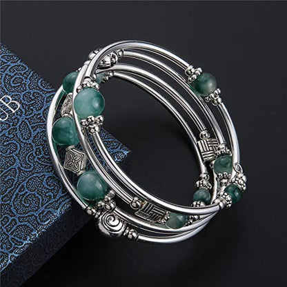 Beaded Pearl Bangle Wrap Bracelet - Fashion Bohemian Jewelry Multilayer Charm Bracelet with Thick Silver Metal Beads, Gift For Women - color: Jade Green