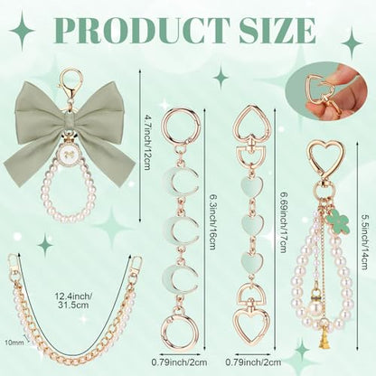 Sureio 5 Pcs Bag Extender Chain Pearl Purse Chain Ribbon Bow Keychain Extender Bag Strap Purse Charms Accessories for Handbag - color: Green and Gold