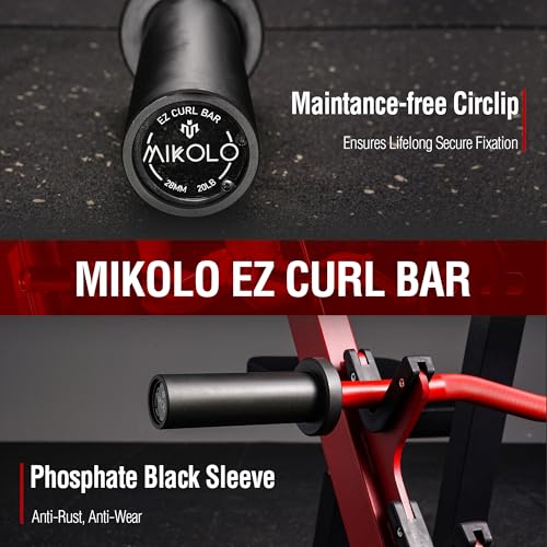 Mikolo EZ Curl Bar, 2 Inch Olympic Curl Bar for Biceps and Triceps, 47” Curling Bar with Knurled Grip, 700LB Barbell Bar with Multi-Angle Wrist-Friendly Design - color: Red