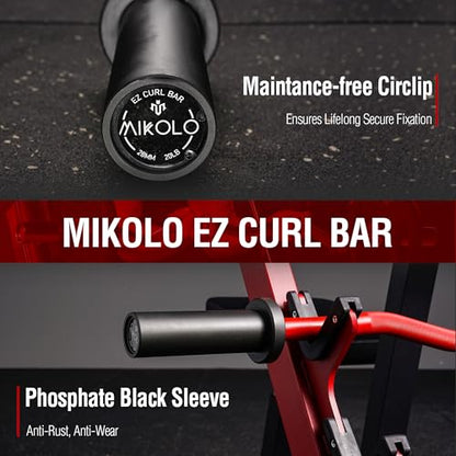 Mikolo EZ Curl Bar, 2 Inch Olympic Curl Bar for Biceps and Triceps, 47” Curling Bar with Knurled Grip, 700LB Barbell Bar with Multi-Angle Wrist-Friendly Design - color: Red