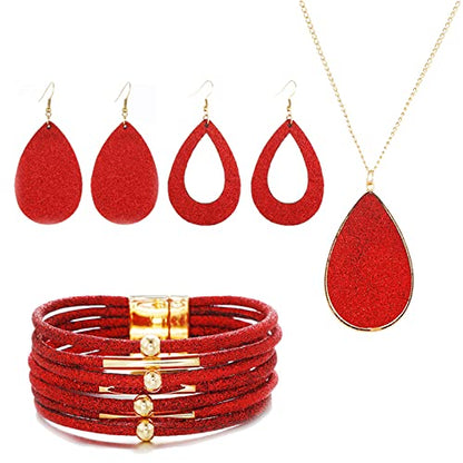 4 Pieces Faux Leather Earrings Necklace Bracelet Set 4 Pieces Christmas Plaid Stripe Jewelry Set Multi-Layer Leather Bracelet, Dangle Leather Earrings Necklace Glitter Jewelry Set for Women - color: red