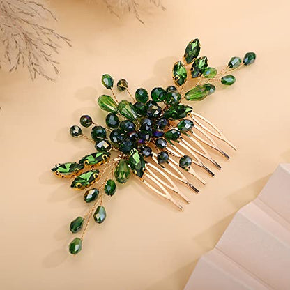 Teyglen Rhinestone Wedding Headpieces Bridal Green Crystal Hair Comb Hair Accessories for Bride Handmade Red Black Blue Hair Pieces for Women Girls(Green) - color: Green